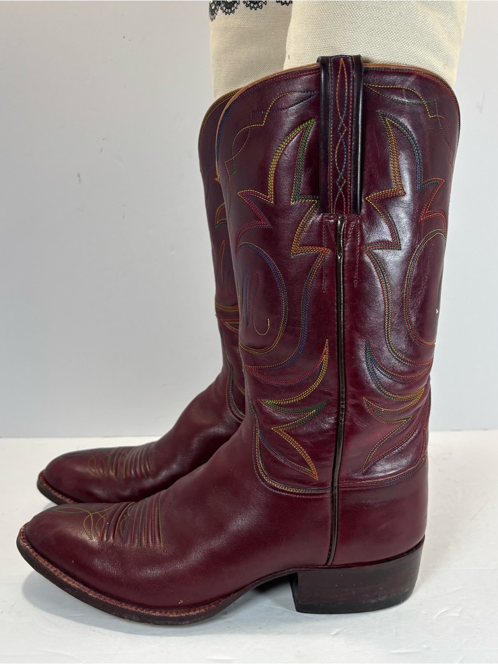 Vtg Littles Boot Company Women’s Custom Leather Boots Sz 7 Burgandy Embroidered